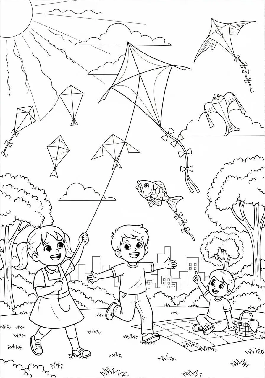 Coloring Page for Boys of Kites in the Park