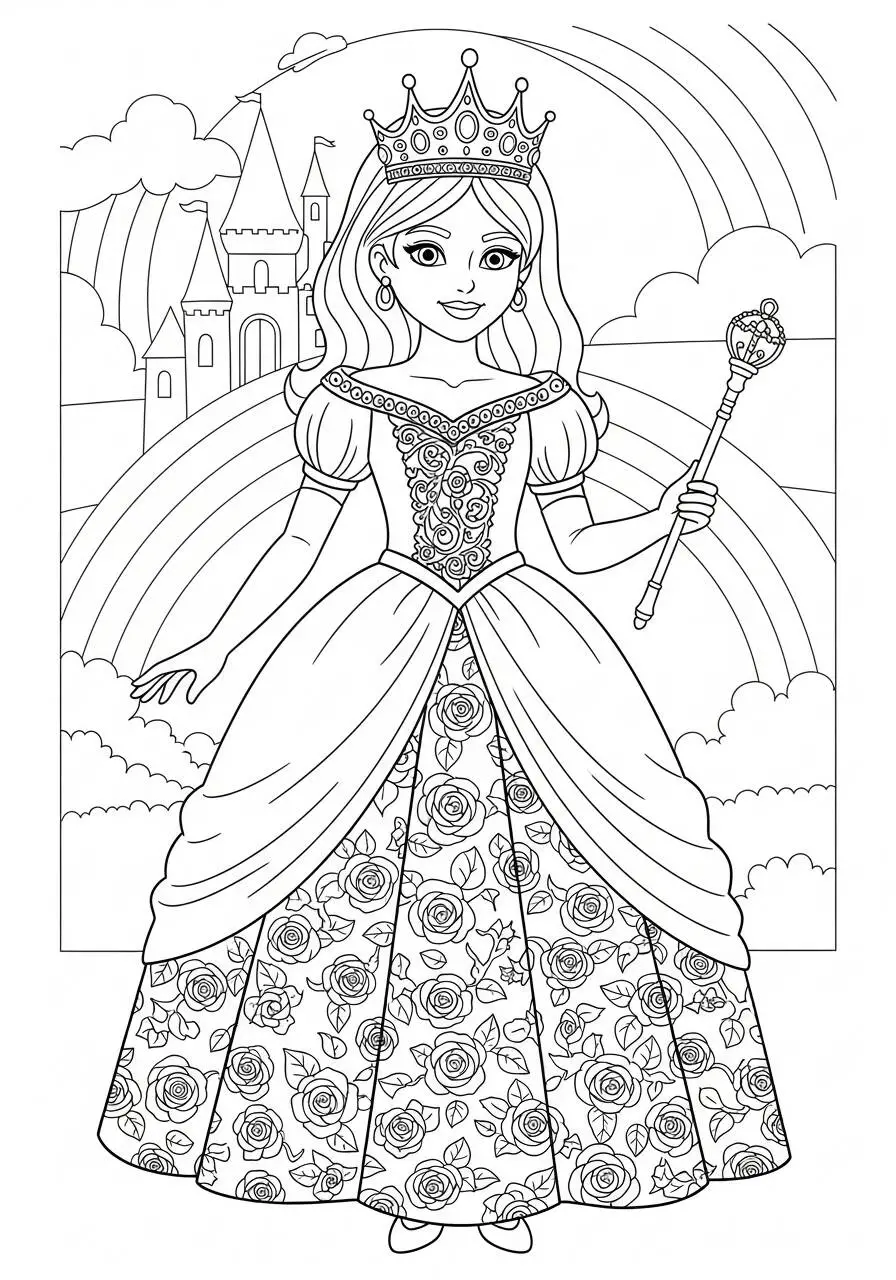 Desenho para Menina de Princesa com Castelo e Arco Íris para Colorir