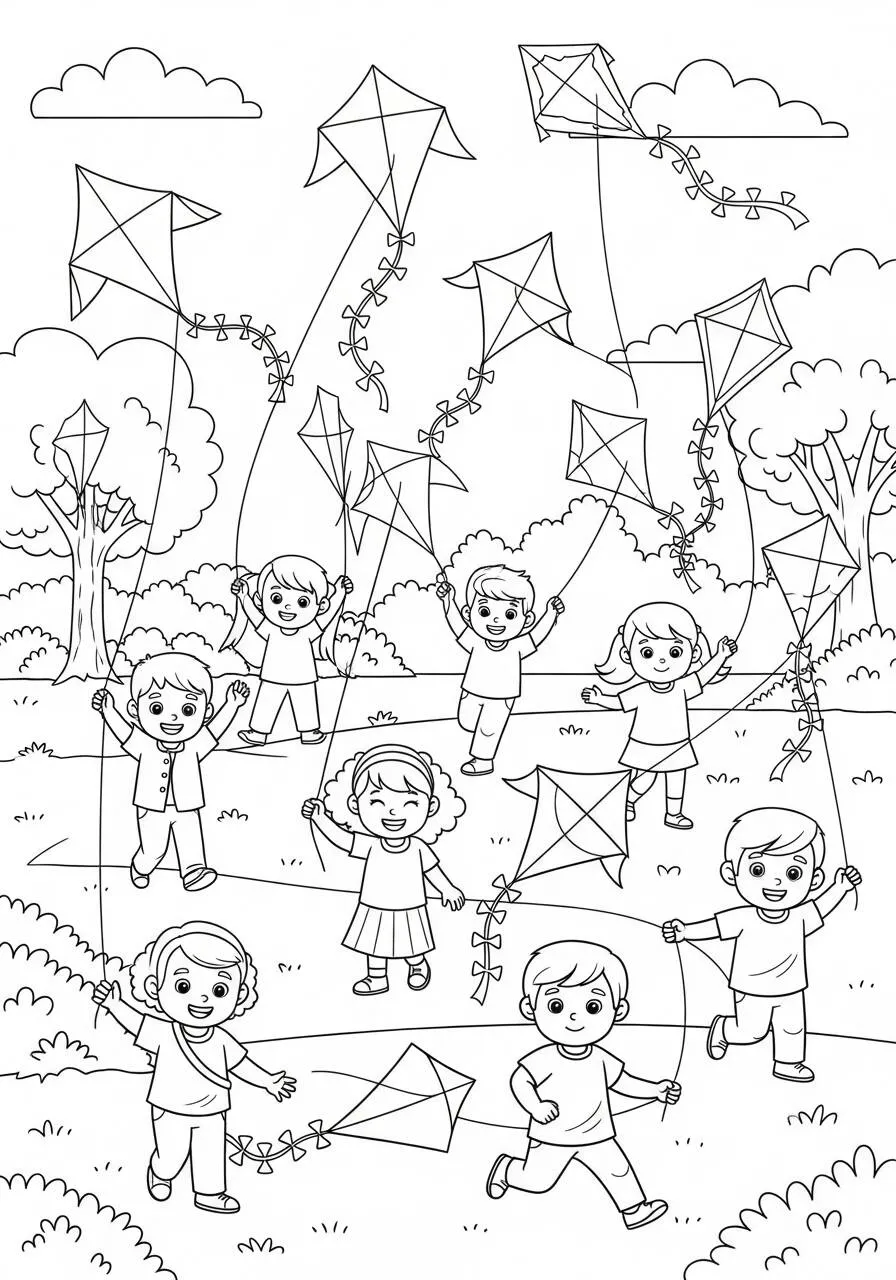 Coloring Page for Boys of Kites in the Park
