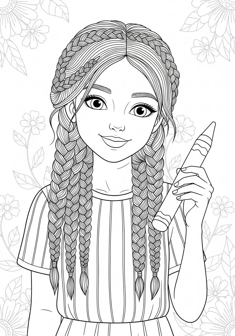 Desenho para Menina com Tranças e Flores para Colorir