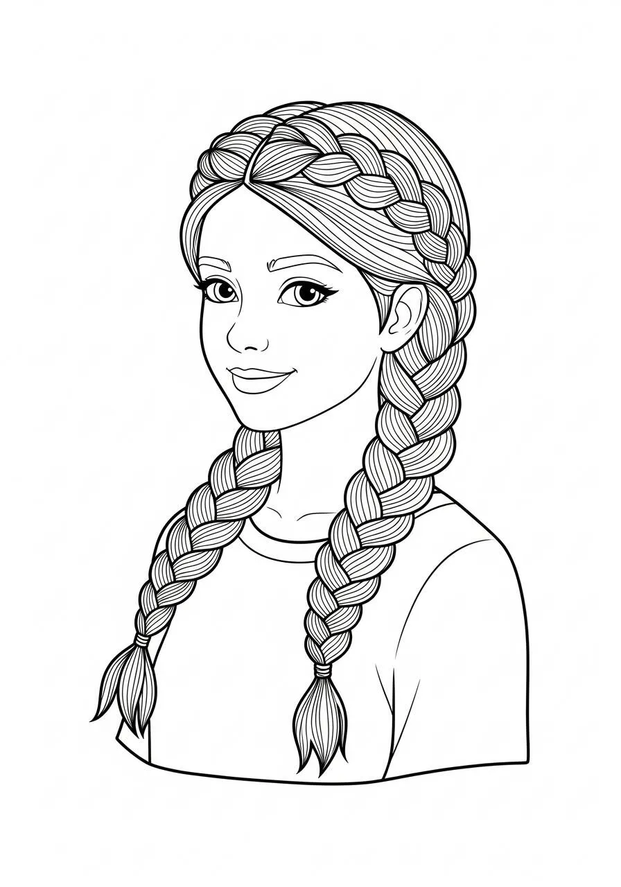 Desenho para Menina com Tranças para Colorir