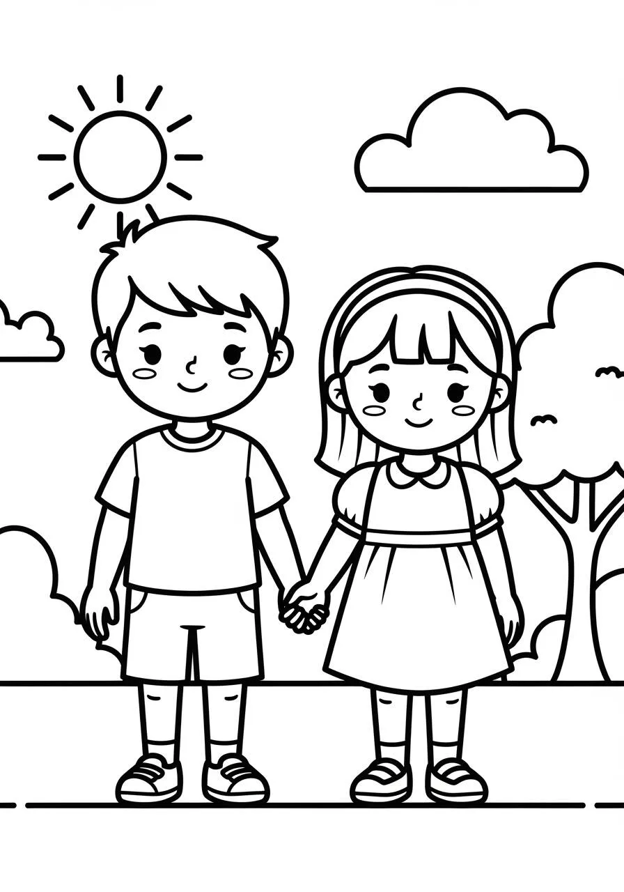 Boy and Girl Holding Hands Coloring Page