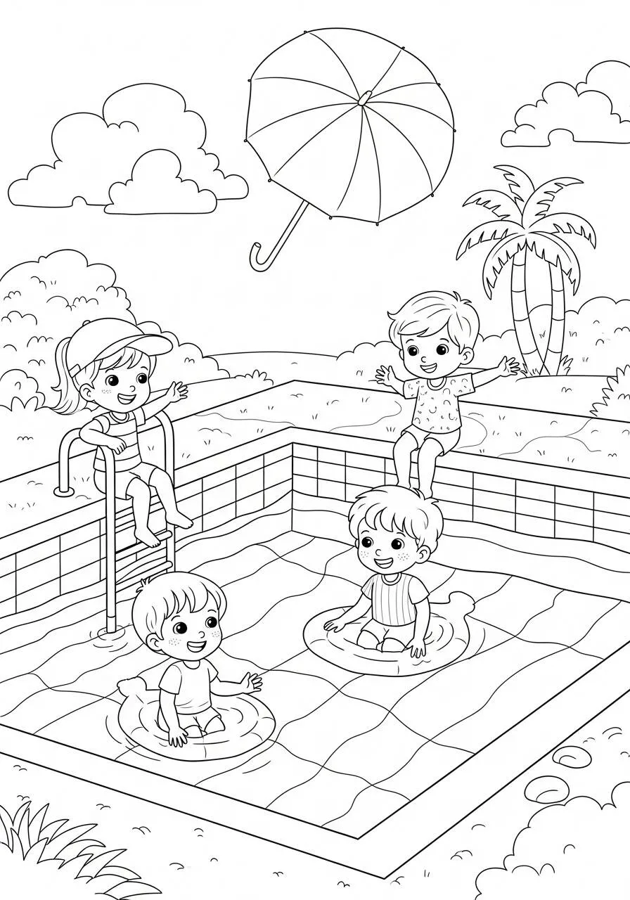 Coloring Page for Swimming Pool Boys with Friends