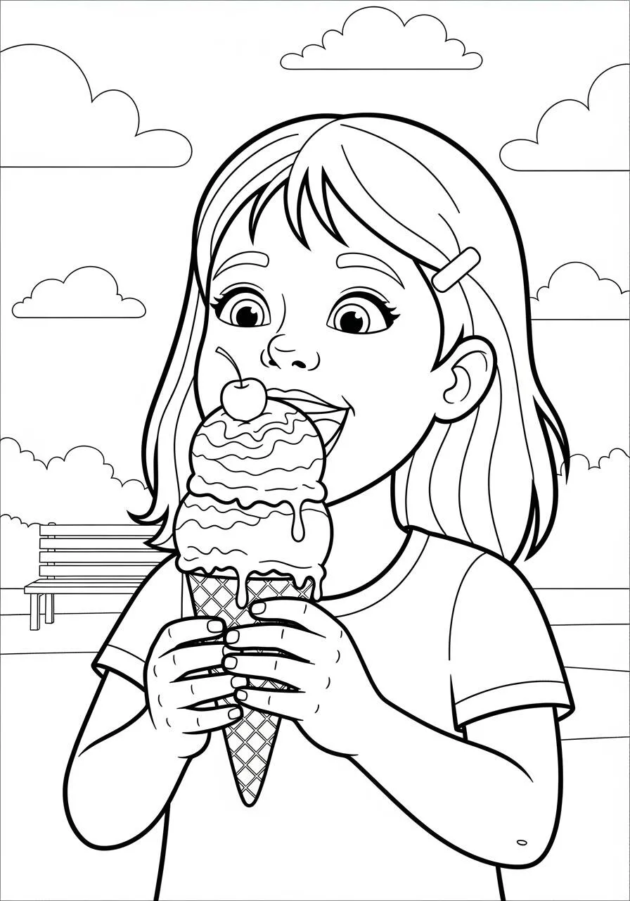 Desenho de Menina com Sorvete Gigante para Colorir
