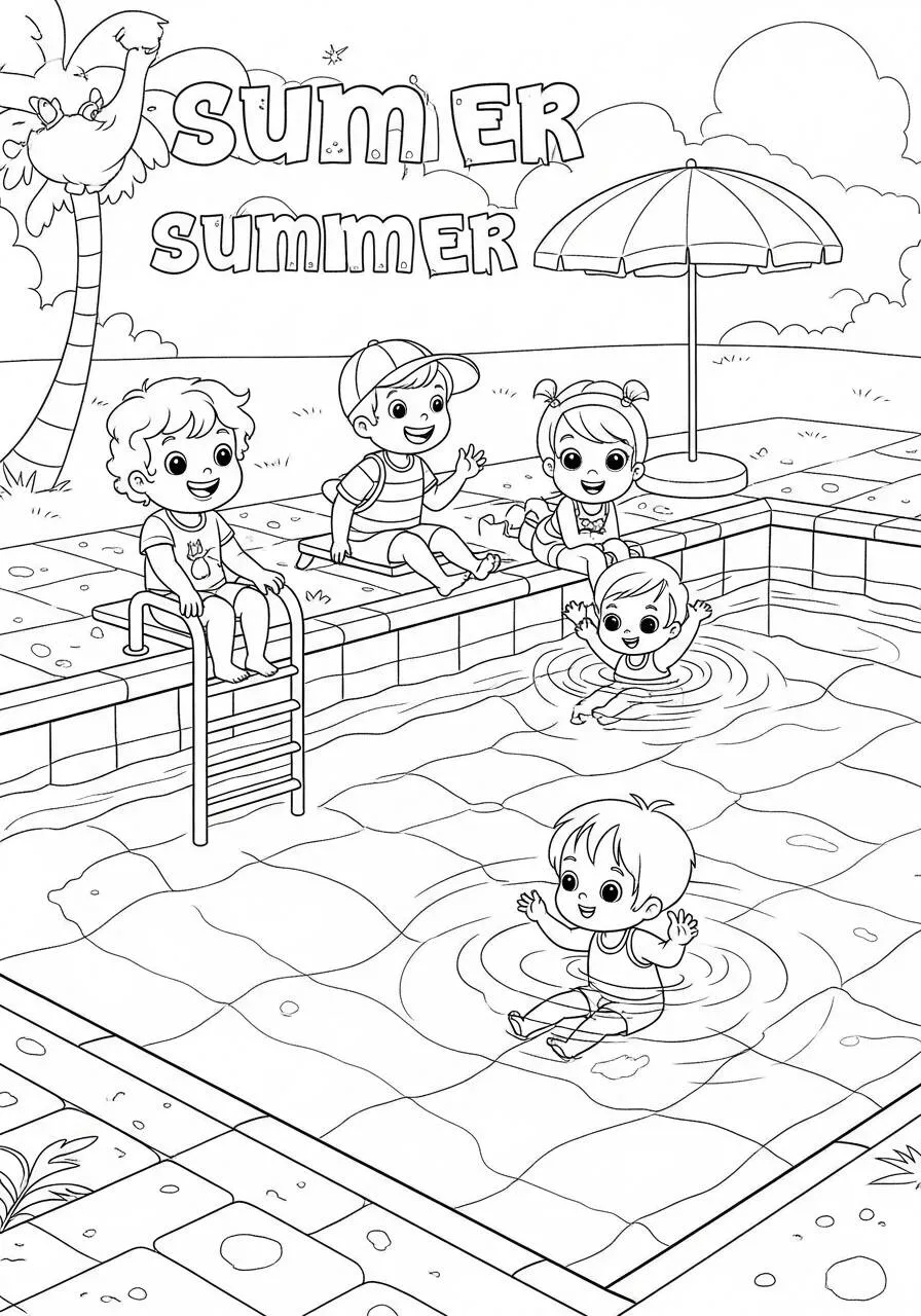 Summer Swimming Pool Boys Coloring Page
