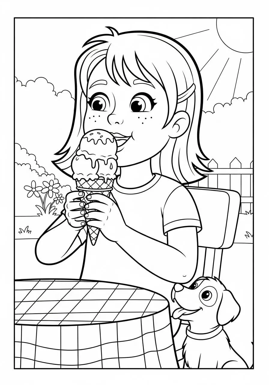 Girl with Ice Cream and Puppy Coloring Page