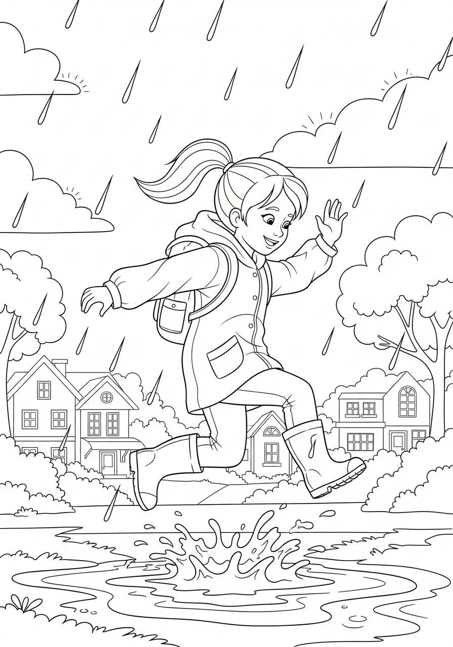 Boy Jumping in a Rain Puddle Coloring Page
