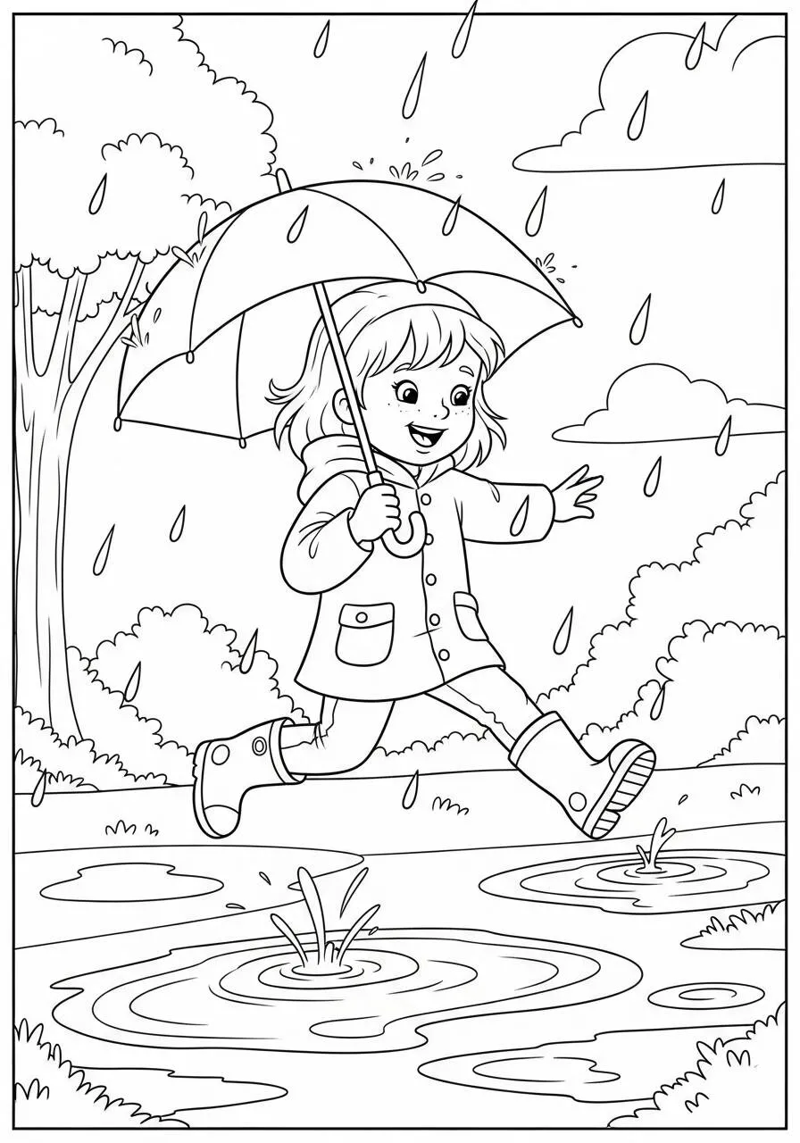 Boy Playing in the Rain Coloring Page