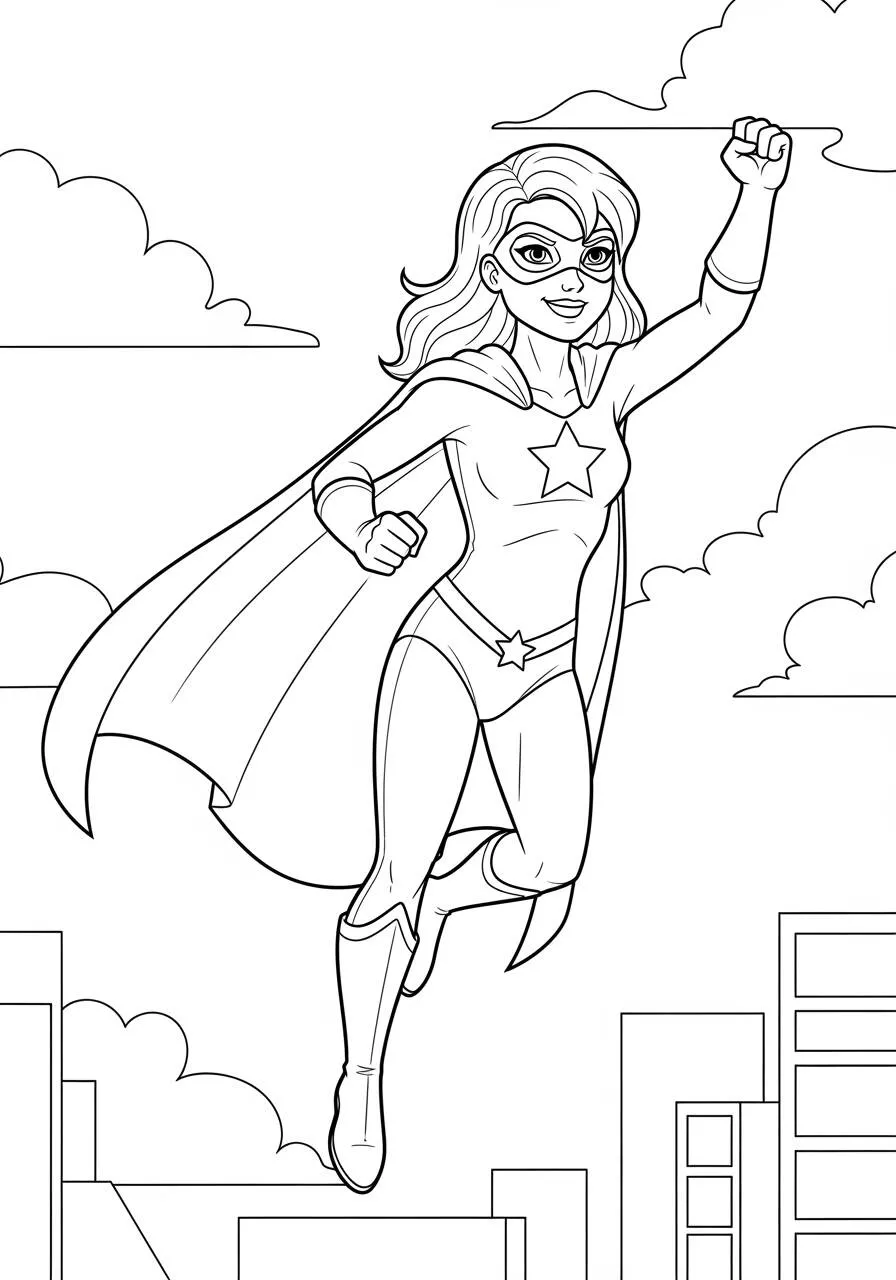 Superhero Girl Flying Coloring Page