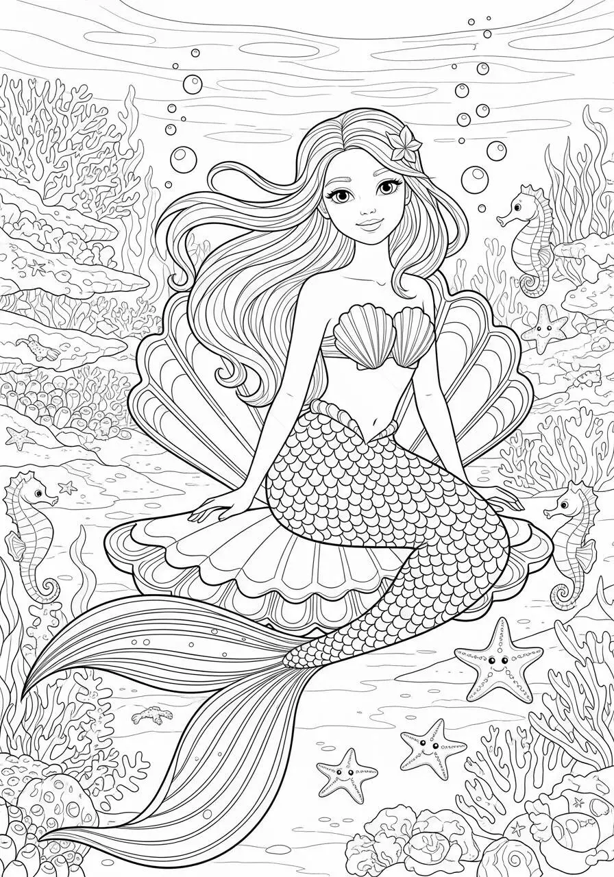 Desenho de Menina Sereia Encantada no Fundo do Mar para Colorir