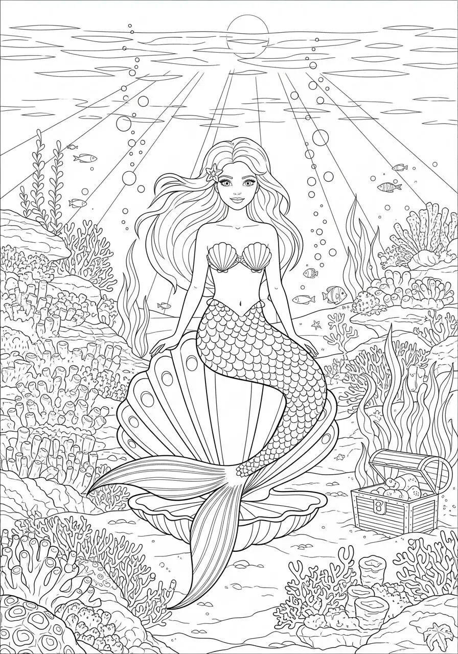 Desenho para Menina de Sereia Encantada no Fundo do Mar para Colorir