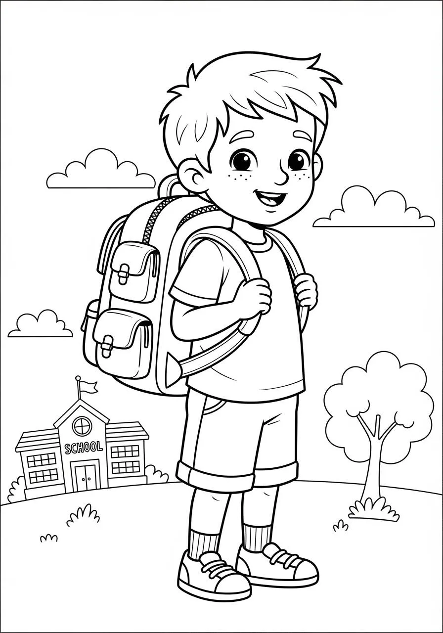 Coloring Page for Boys Back to School with Backpack