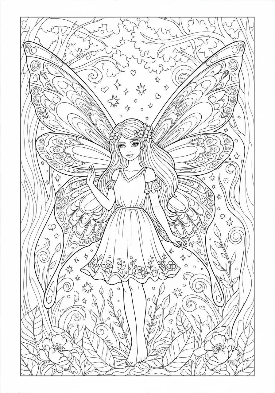 Desenho de Menina Fada com Asas Encantadas para Colorir