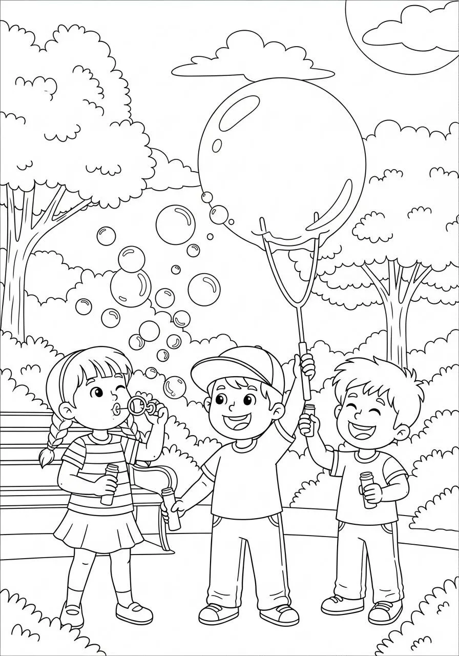 Desenho para Meninos de Crianças Brincando com Bolhas para Colorir