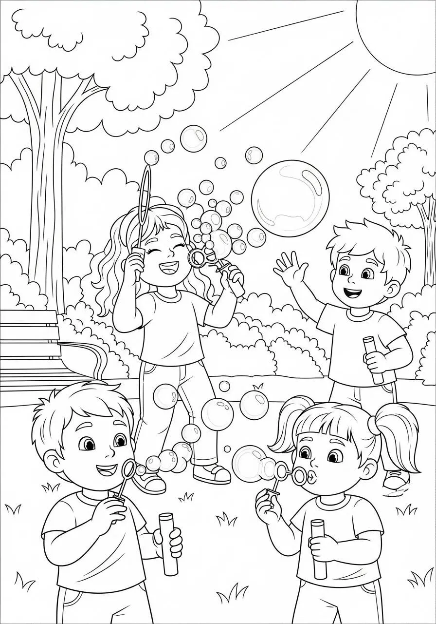 Desenho para Meninos de Crianças a Fazer Bolhas de Sabão para Colorir