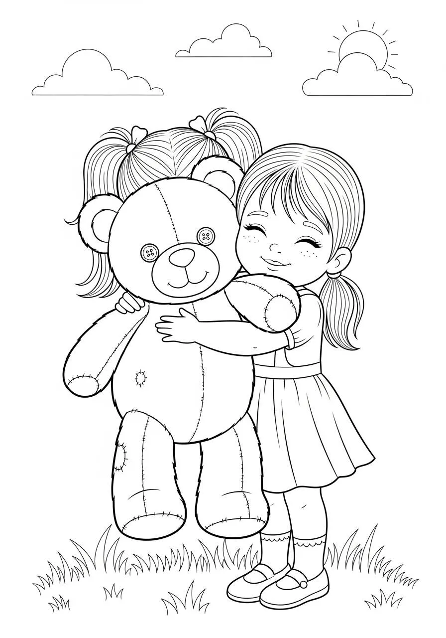 Desenho de Menina Abraçando Urso de Pelúcia para Colorir