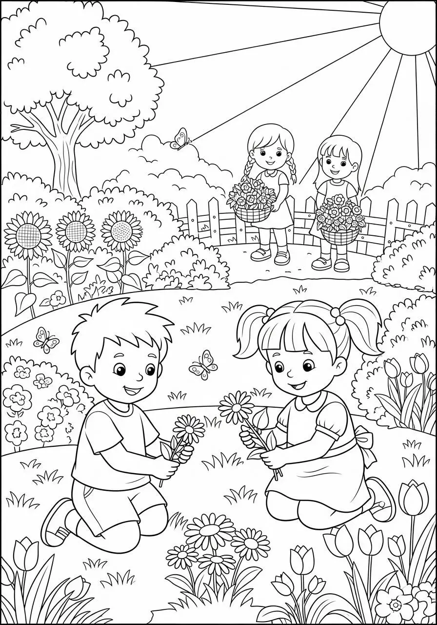 Desenho para Meninos de Jardim com Flores para Colorir