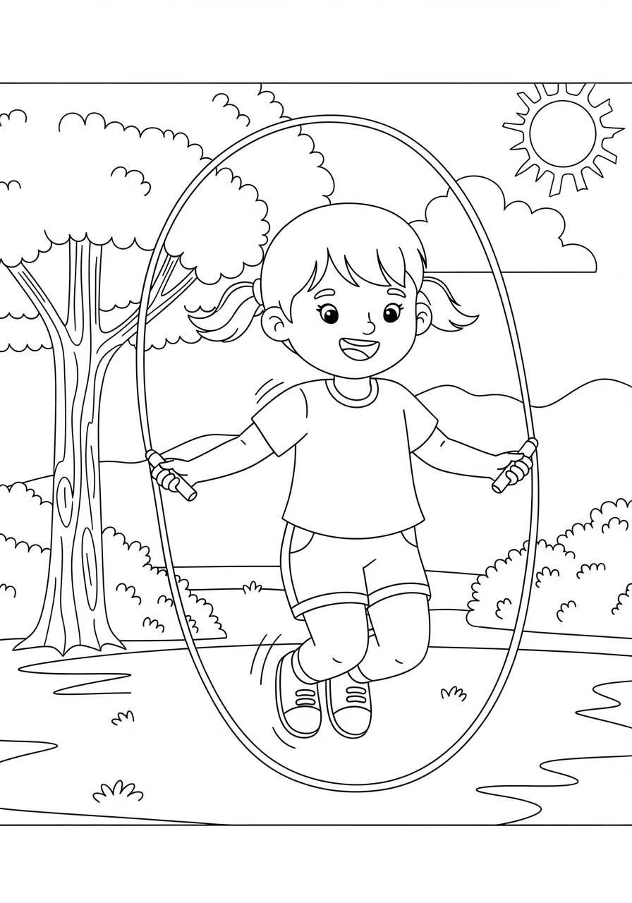 Desenho de Menina Pulando Corda ao Ar Livre para Colorir