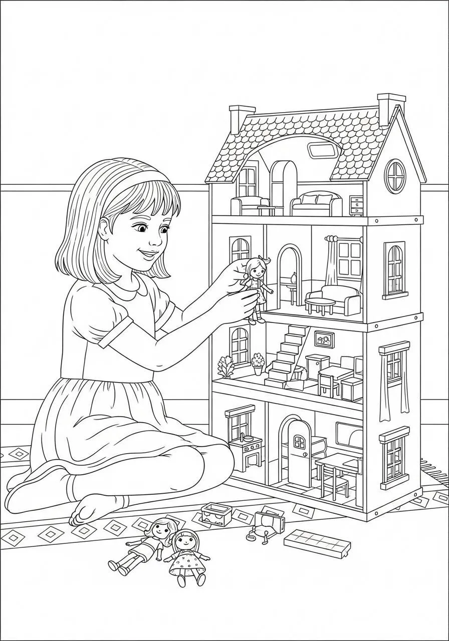 Desenho de Menino Brincando com Casa de Bonecas para Colorir