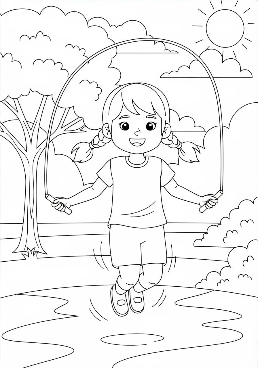 Desenho para Menina Pulando Corda no Parque para Colorir