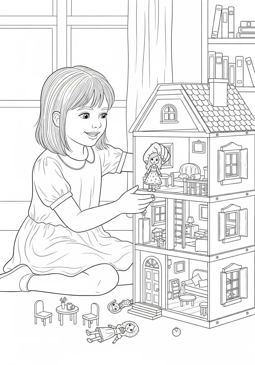 Desenho de Menino Brincando com Casa de Bonecas para Colorir