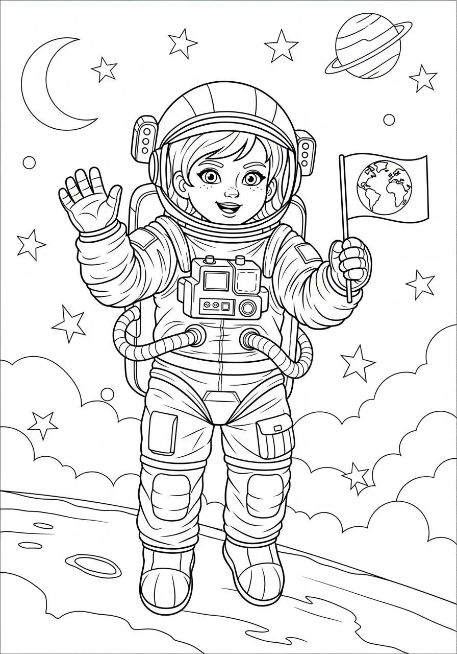 Desenho para Menina de Astronauta no Espaço para Colorir