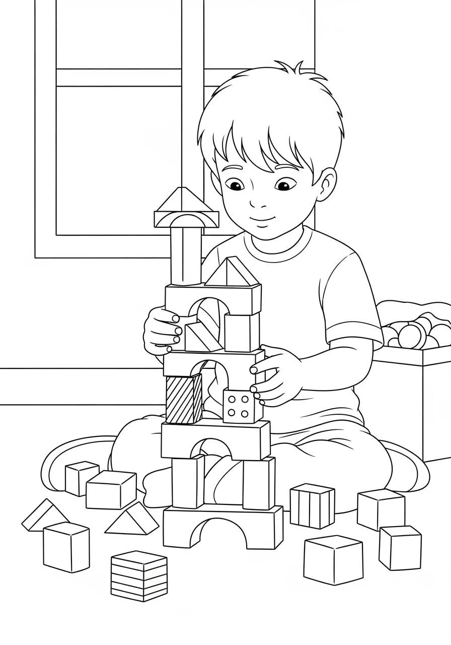 Desenho de Menino Construindo com Blocos para Colorir