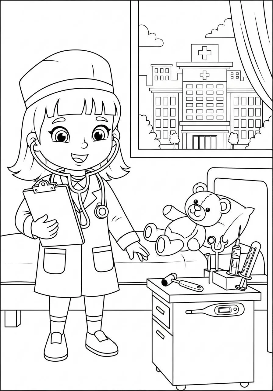 Desenho para Menina de Médica com Urso de Pelúcia para Colorir