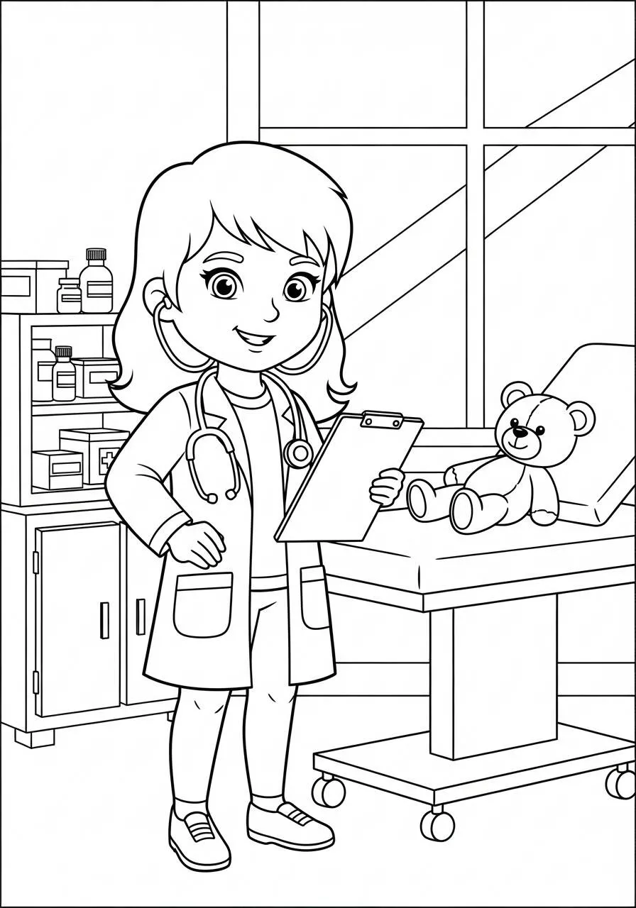 Desenho de Menina Médica com Estetoscópio para Colorir