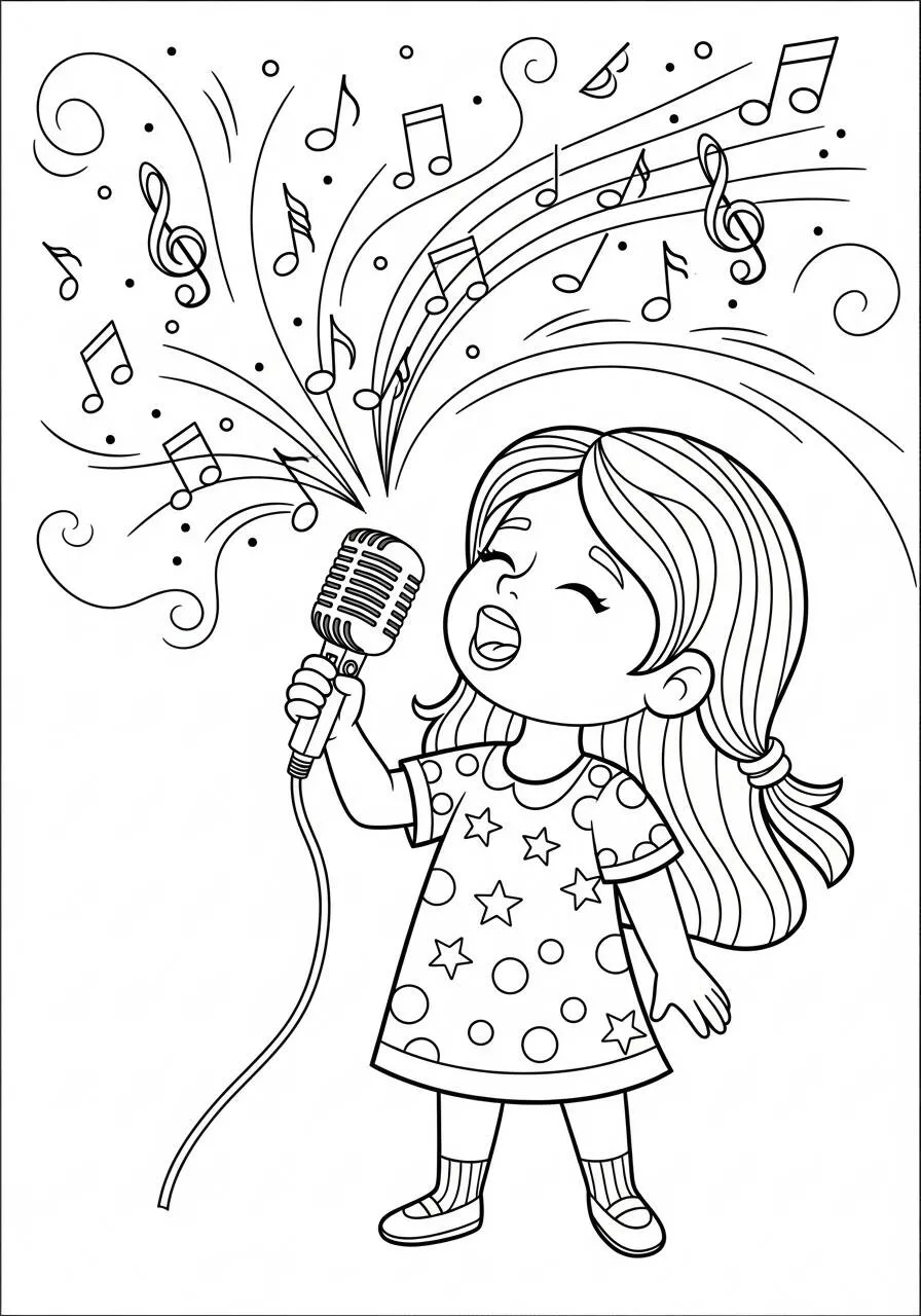Desenho de Menina Cantando com Microfone para Colorir