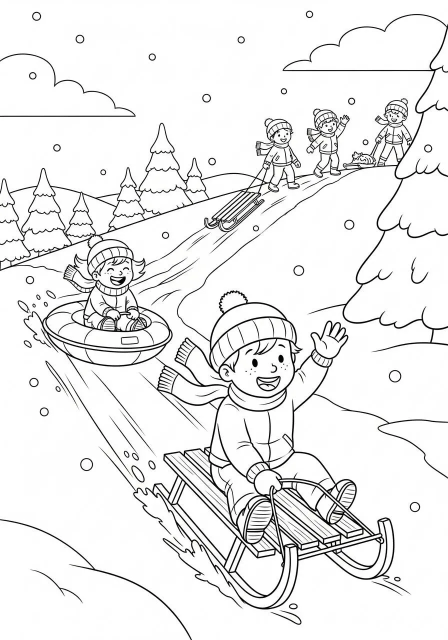 Desenho para Meninos de Trenó na Neve para Colorir