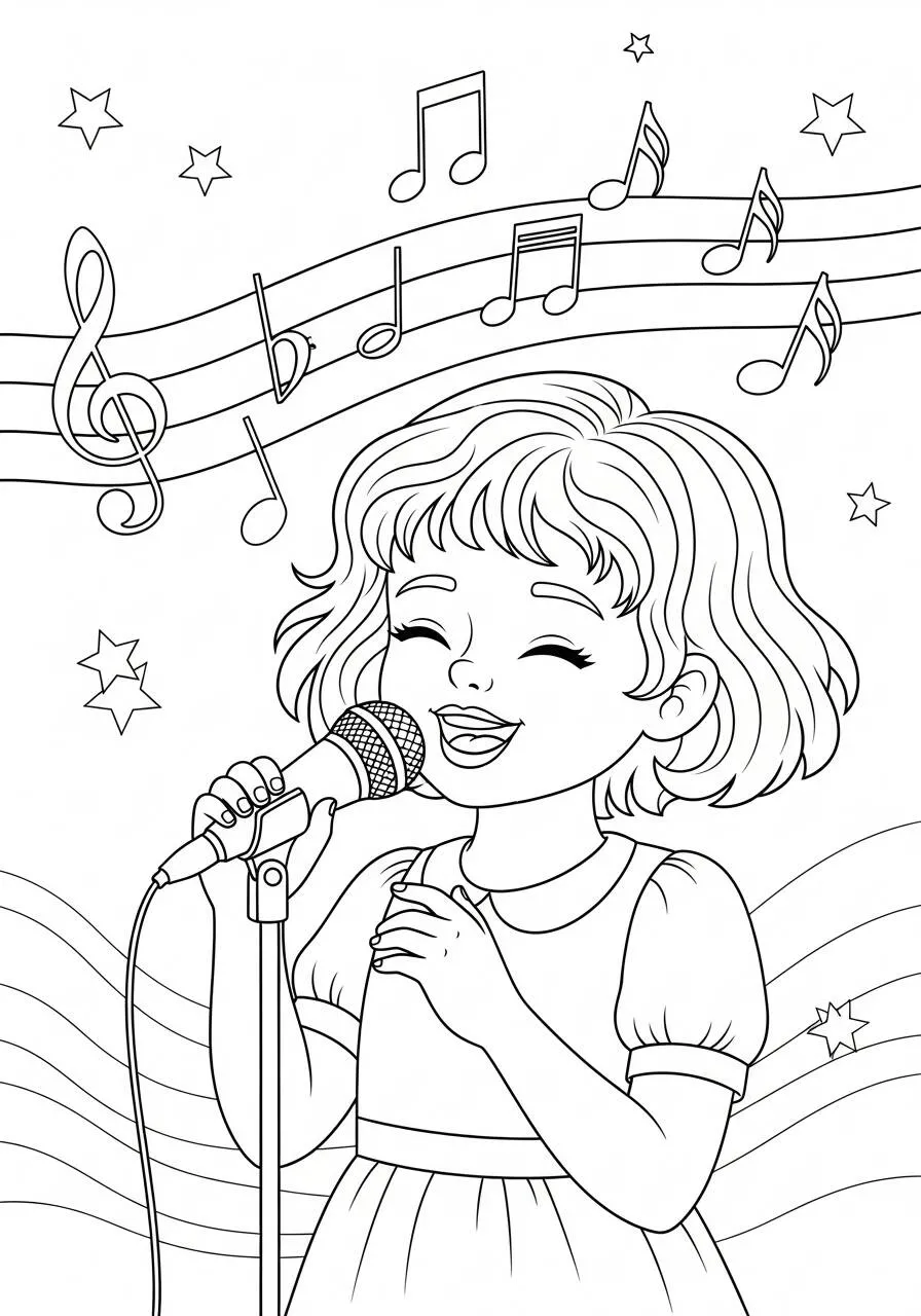 Desenho de Menina Cantando com Notas Musicais para Colorir