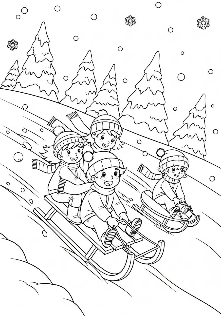 Desenho para Meninos de Trenó na Neve para Colorir