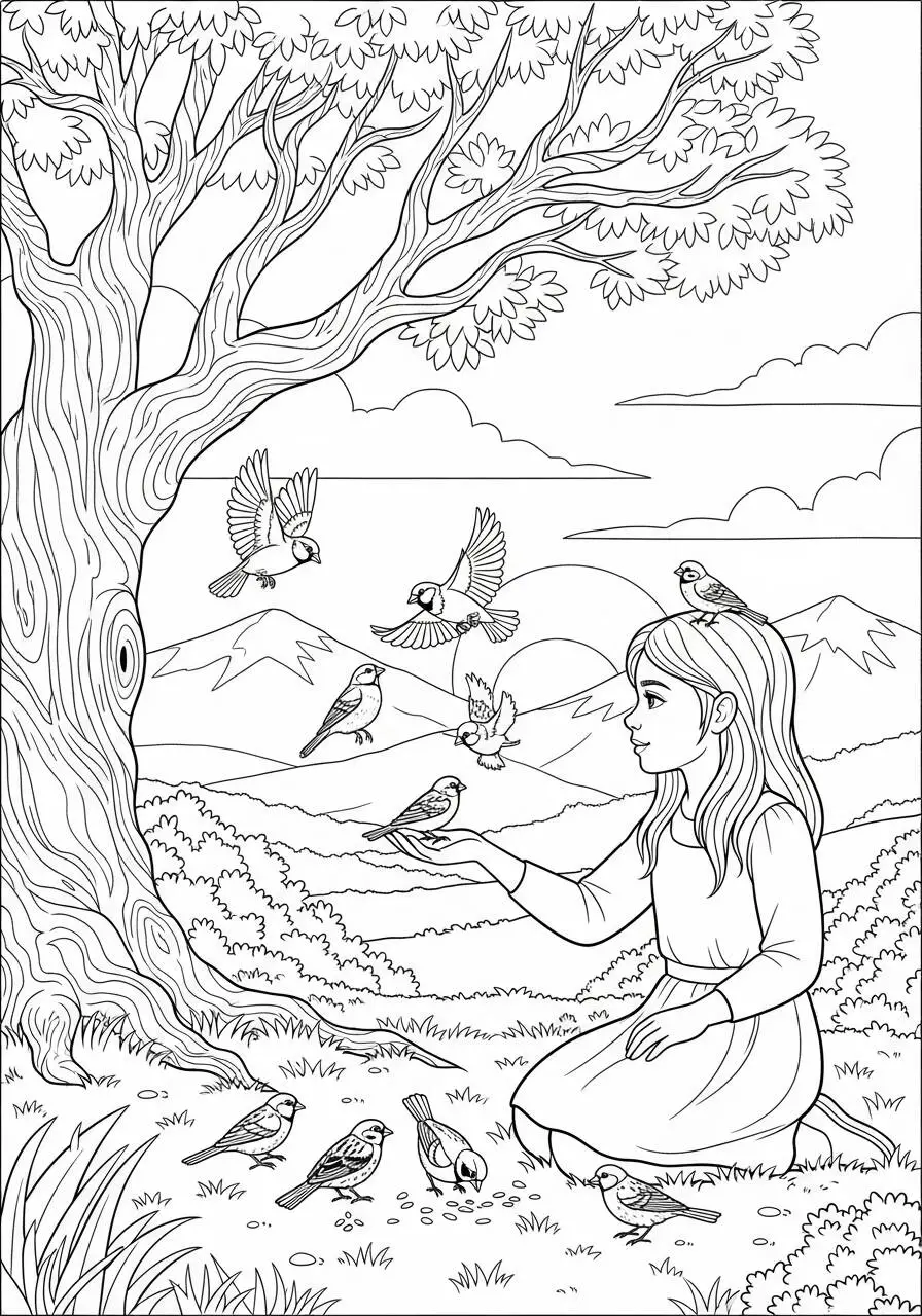 Boy with Birds in Nature Coloring Page