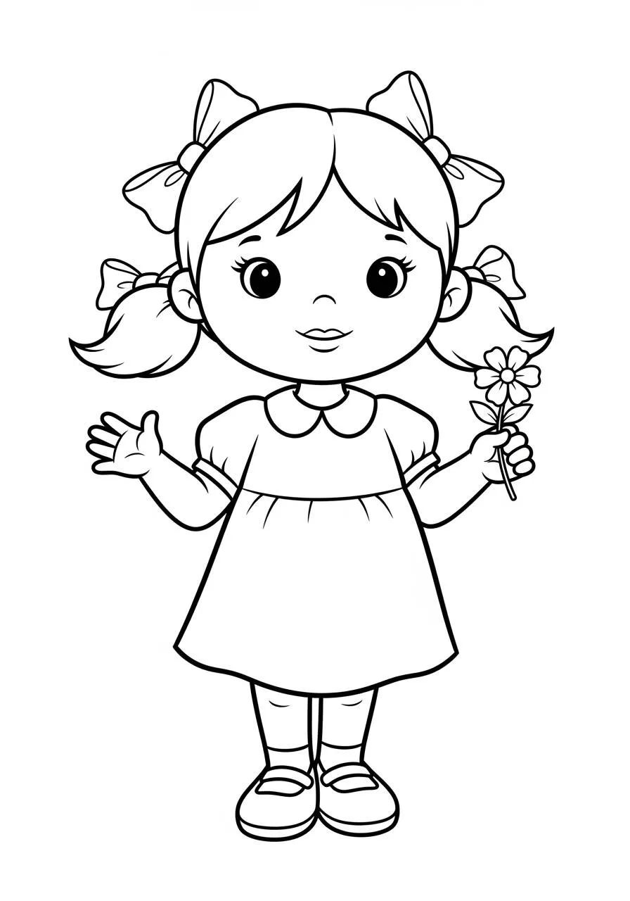 Desenho para Menina com Vestido e Flor para Colorir