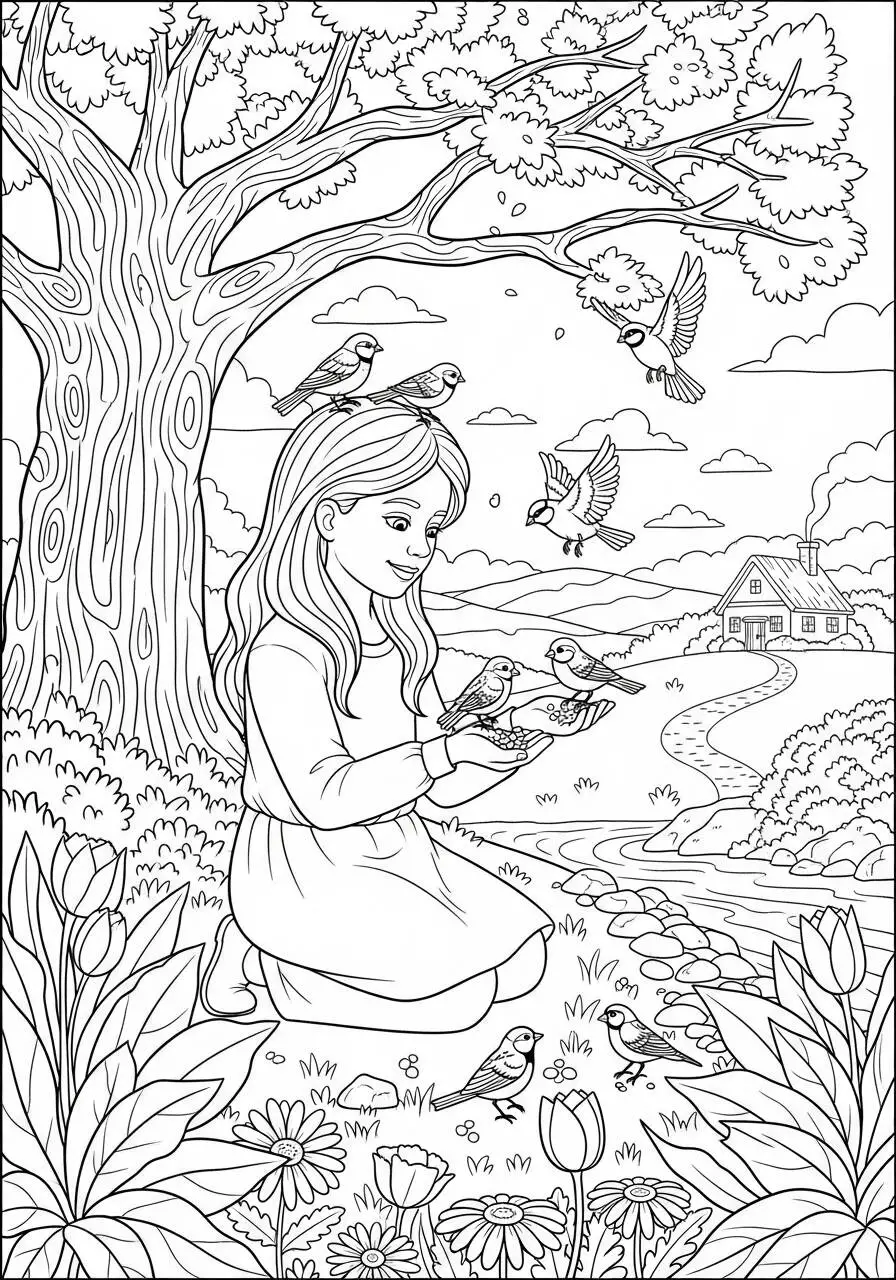Boy with Birds in the Garden Coloring Page