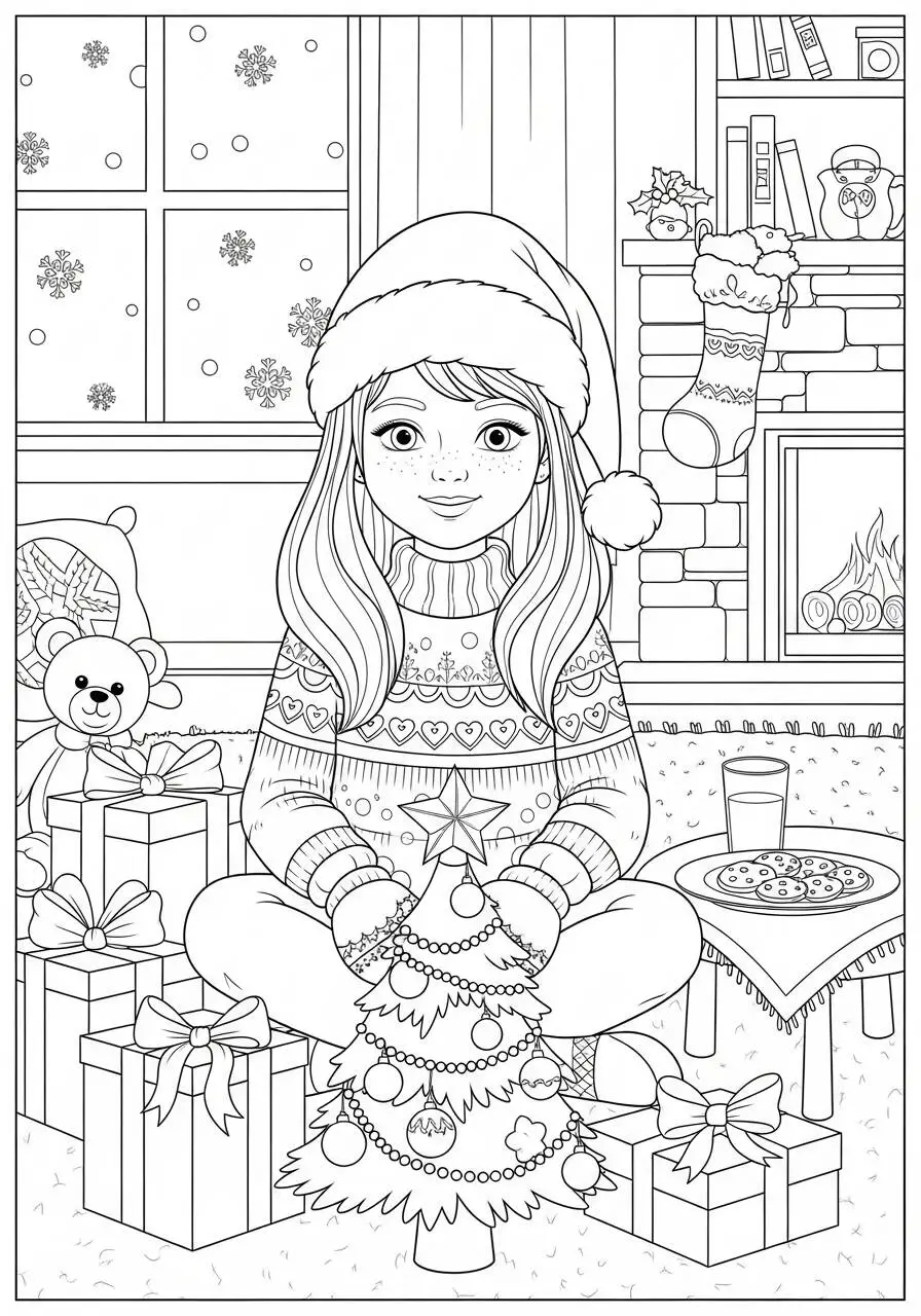 Desenho de Menina com Árvore de Natal e Presentes para Colorir