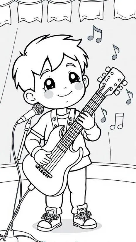 Coloring Page of Boy Playing Guitar