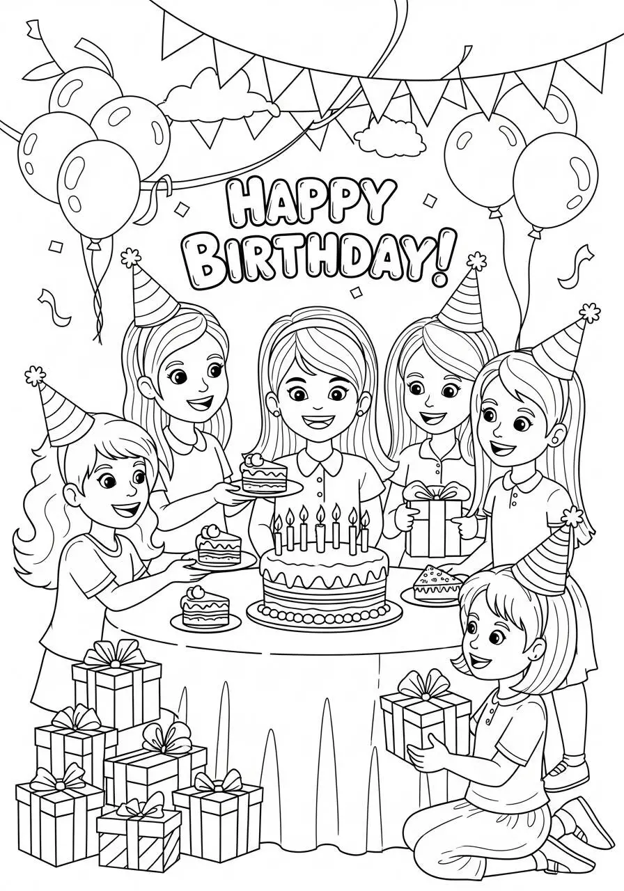 Desenho para Menina de Festa de Aniversário para Colorir