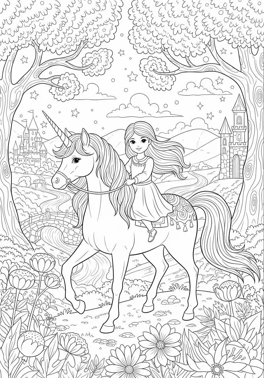 Desenho para Menina de Princesa com Unicórnio no Bosque para Colorir