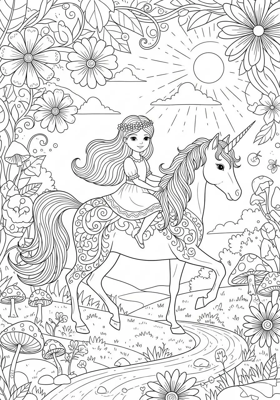 Desenho de Menina com Unicórnio em Jardim Encantado para Colorir