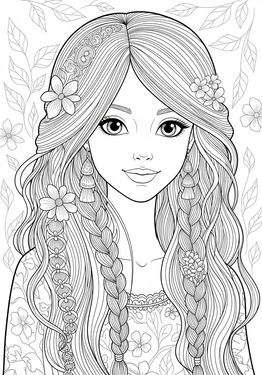 Desenho para Menina de Jovem com Flores no Cabelo para Colorir