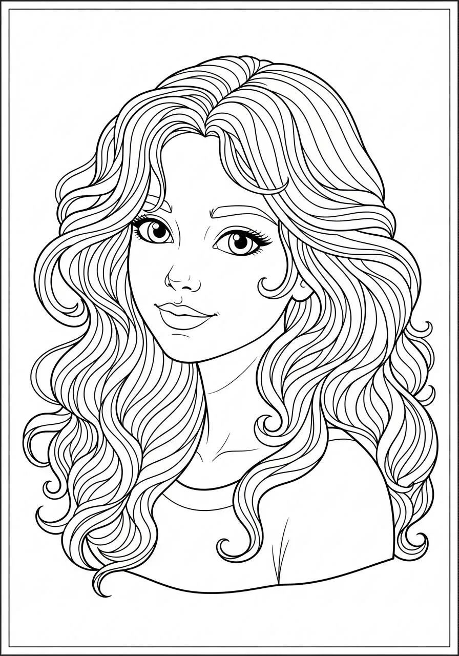 Desenho de Menina com Cabelos Ondulados para Colorir