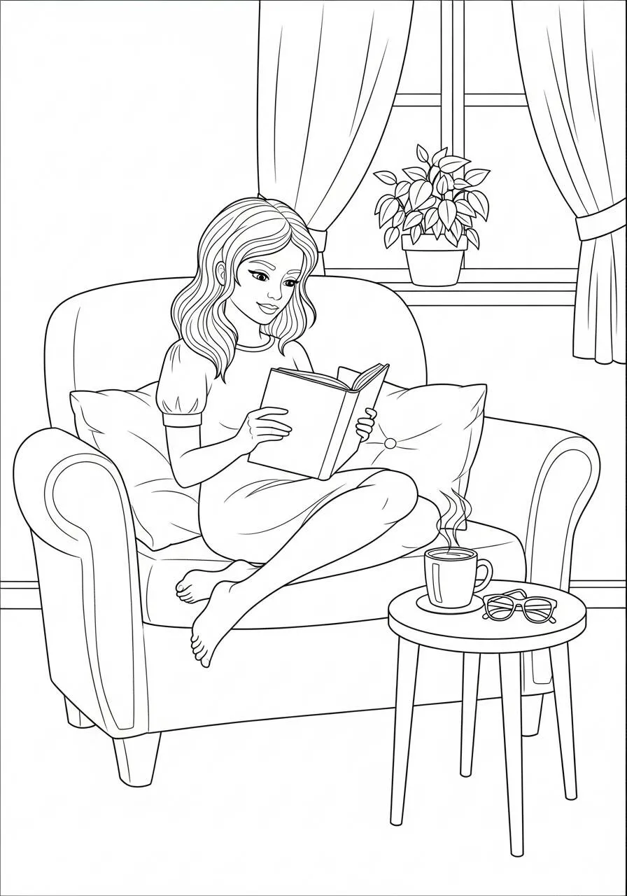 Desenho para Menina de Leitura no Sofá para Colorir
