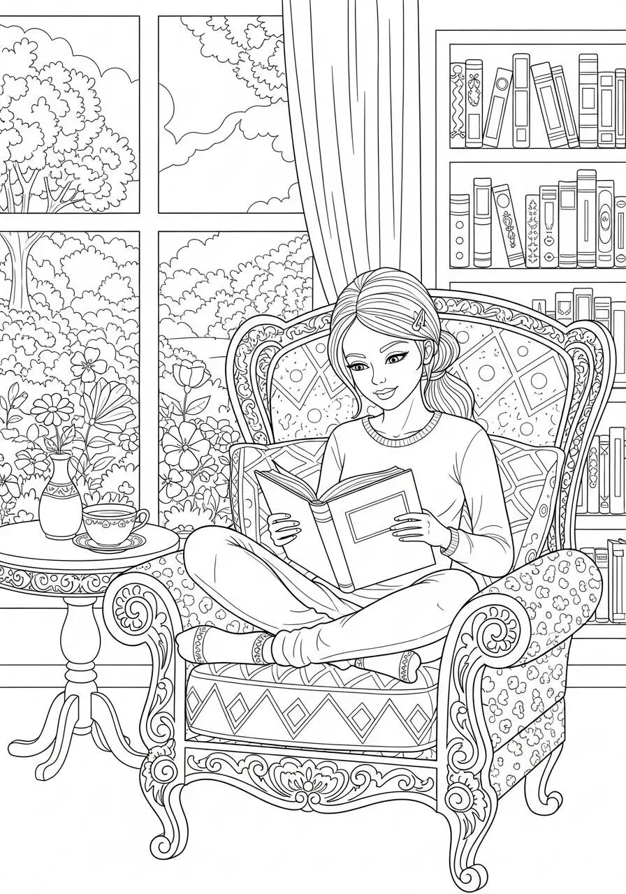 Desenho de Menina Lendo em Poltrona para Colorir