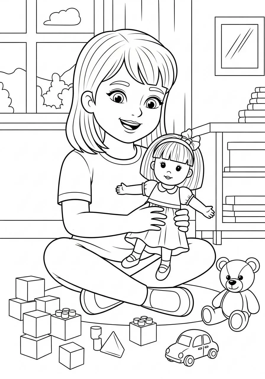 Desenho de Menina Brincando com Boneca e Blocos para Colorir