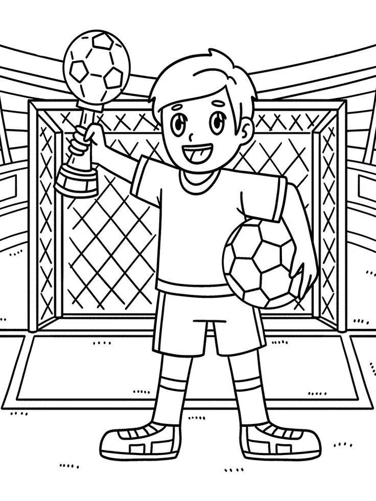 Coloring Page for Football Boys with Trophy