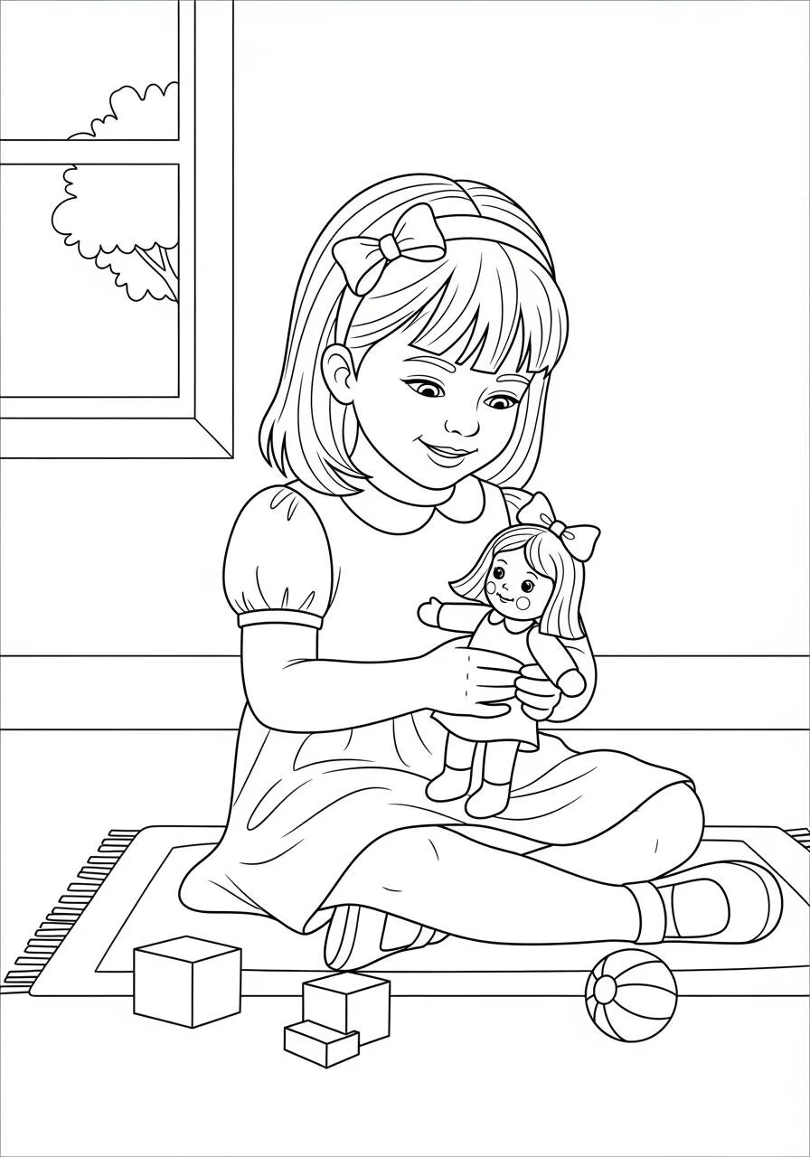 Desenho de Menina Brincando com Boneca para Colorir