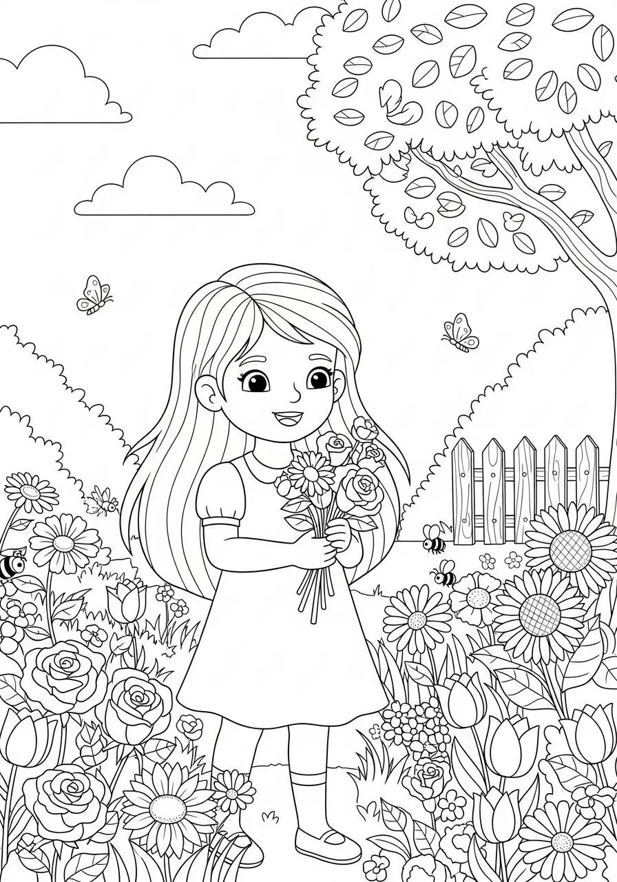 Desenho de Menina em Jardim Florido para Colorir