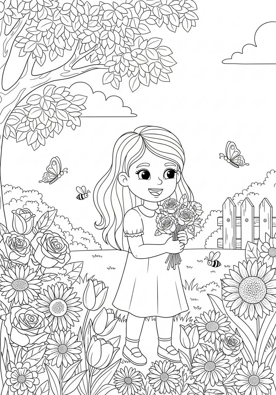 Desenho de Menina com Flores e Borboletas para Colorir